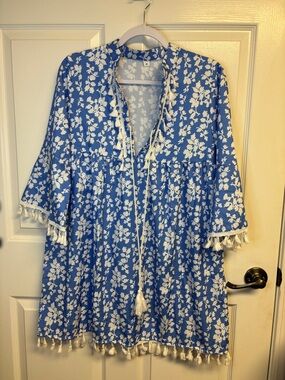 Blue & White Floral Tassel Mini Dress